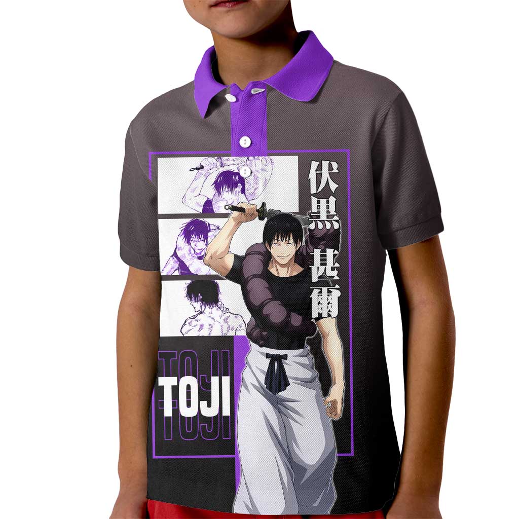 Fushiguro Toji from Jujutsu Kaisen Kid Polo Shirt with Purple and Black Background and Multiple Poses Design - The Mazicc
