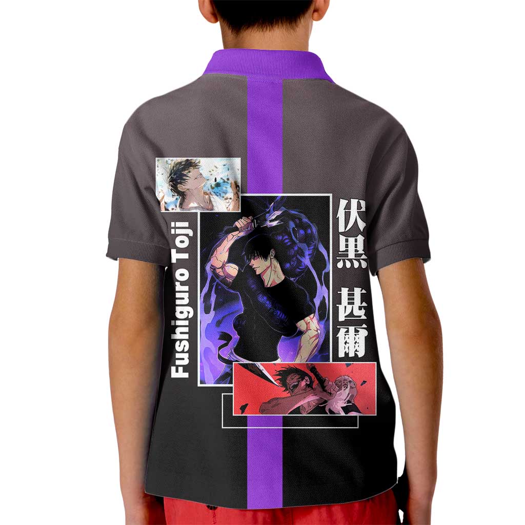 Fushiguro Toji from Jujutsu Kaisen Kid Polo Shirt with Purple and Black Background and Multiple Poses Design - The Mazicc