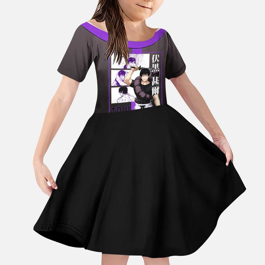 Fushiguro Toji from Jujutsu Kaisen Kid Short Sleeve Dress with Purple and Black Background and Multiple Poses Design - The Mazicc