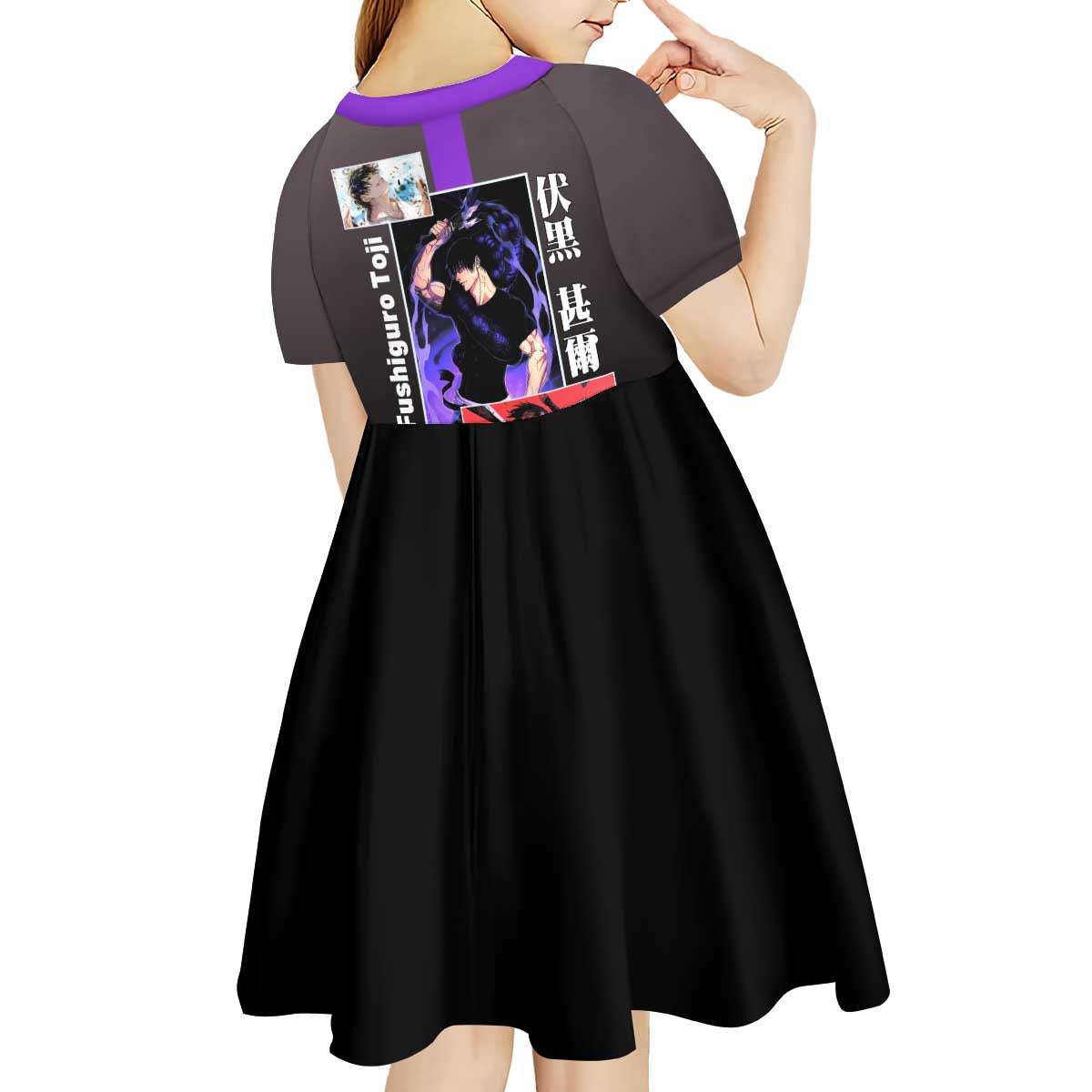 Fushiguro Toji from Jujutsu Kaisen Kid Short Sleeve Dress with Purple and Black Background and Multiple Poses Design - The Mazicc