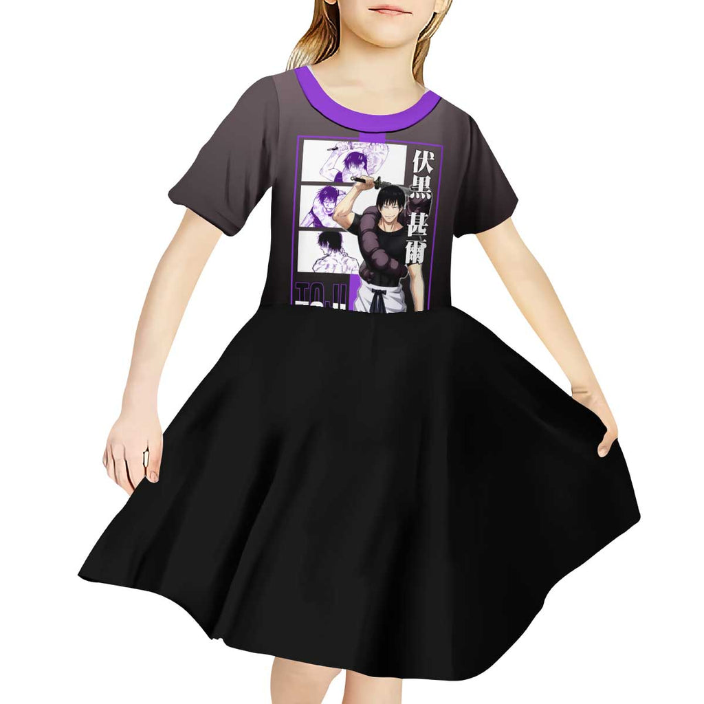 Fushiguro Toji from Jujutsu Kaisen Kid Short Sleeve Dress with Purple and Black Background and Multiple Poses Design - The Mazicc