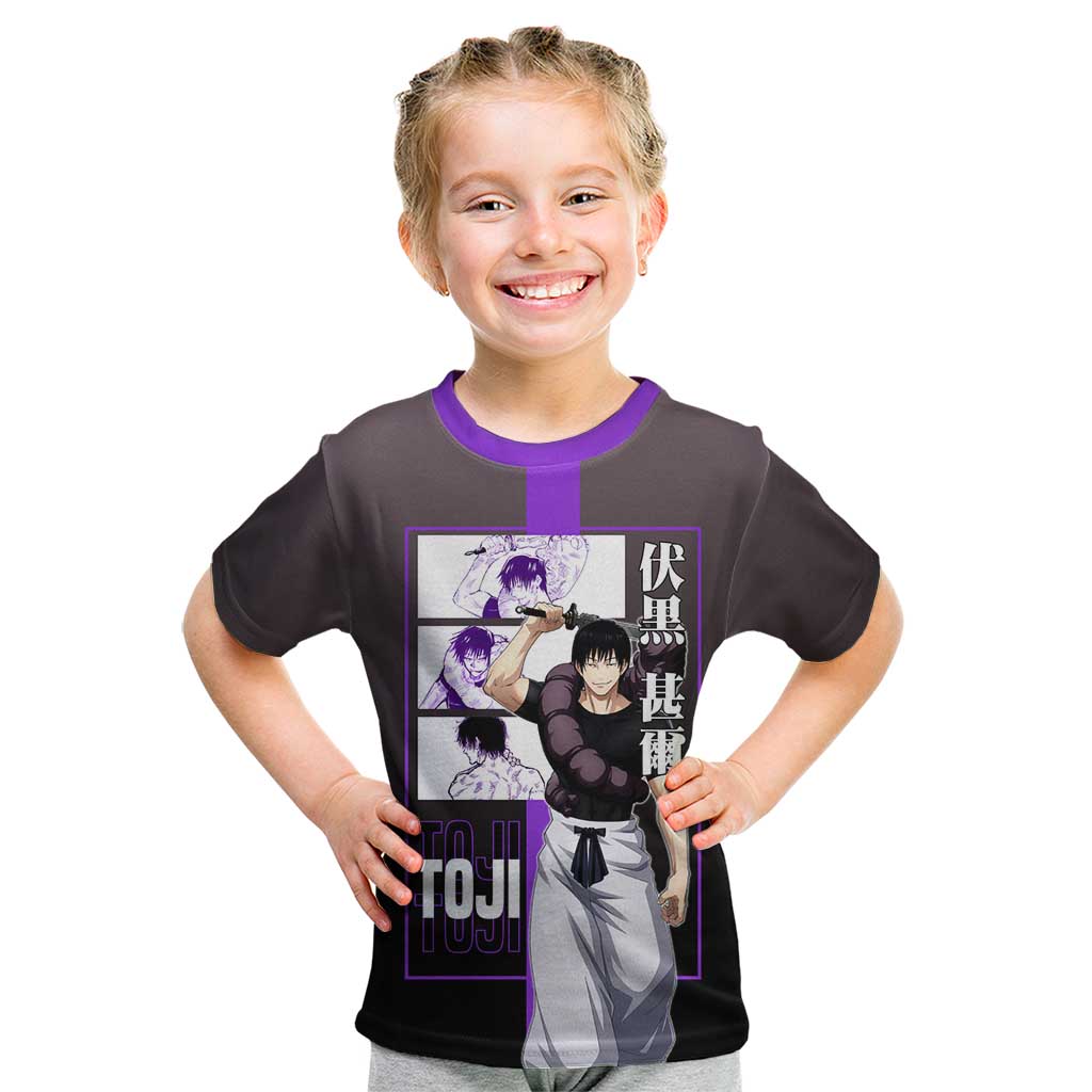 Fushiguro Toji from Jujutsu Kaisen Kid T Shirt with Purple and Black Background and Multiple Poses Design - The Mazicc