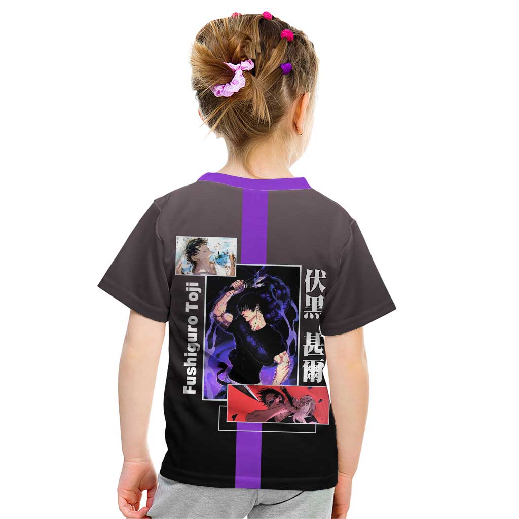 Fushiguro Toji from Jujutsu Kaisen Kid T Shirt with Purple and Black Background and Multiple Poses Design - The Mazicc