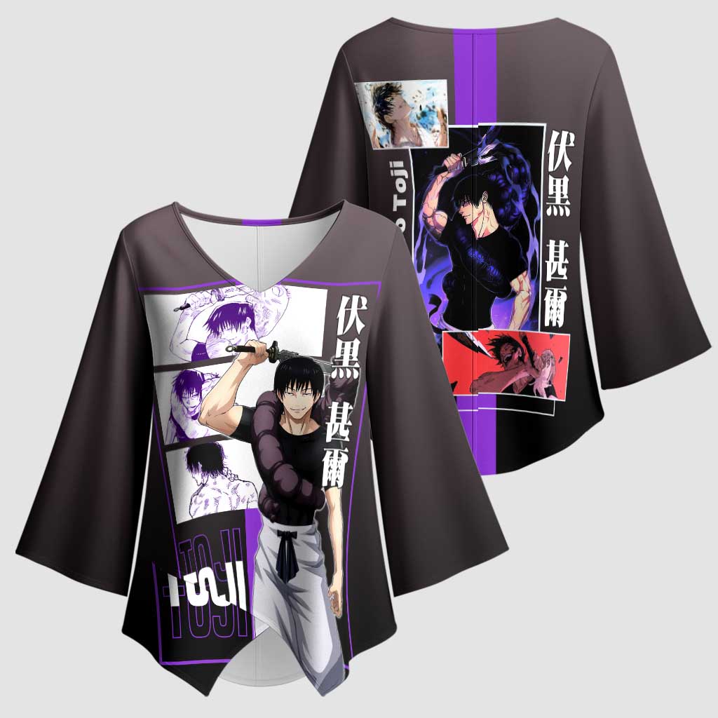 Fushiguro Toji from Jujutsu Kaisen Kimono Sleeve Blouse with Purple and Black Background and Multiple Poses Design - The Mazicc