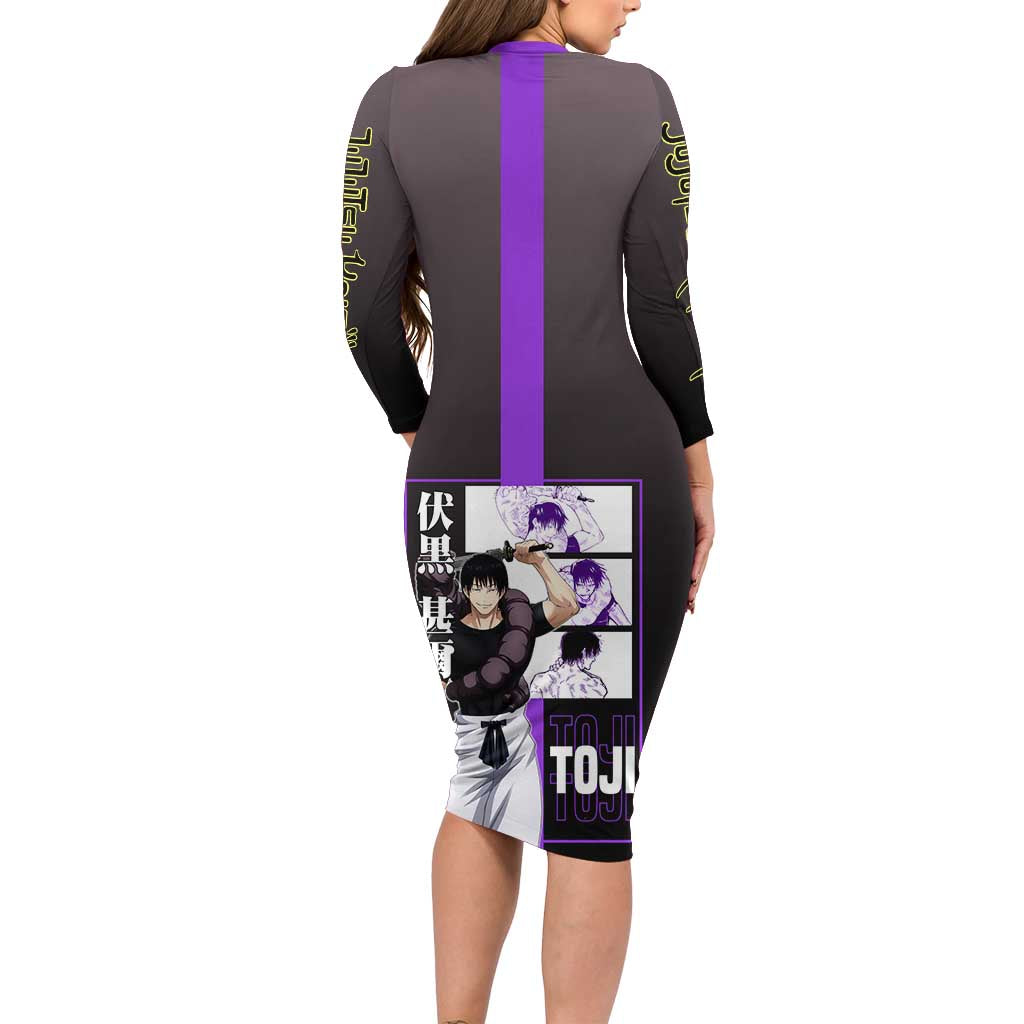 Fushiguro Toji from Jujutsu Kaisen Long Sleeve Bodycon Dress with Purple and Black Background and Multiple Poses Design - The Mazicc