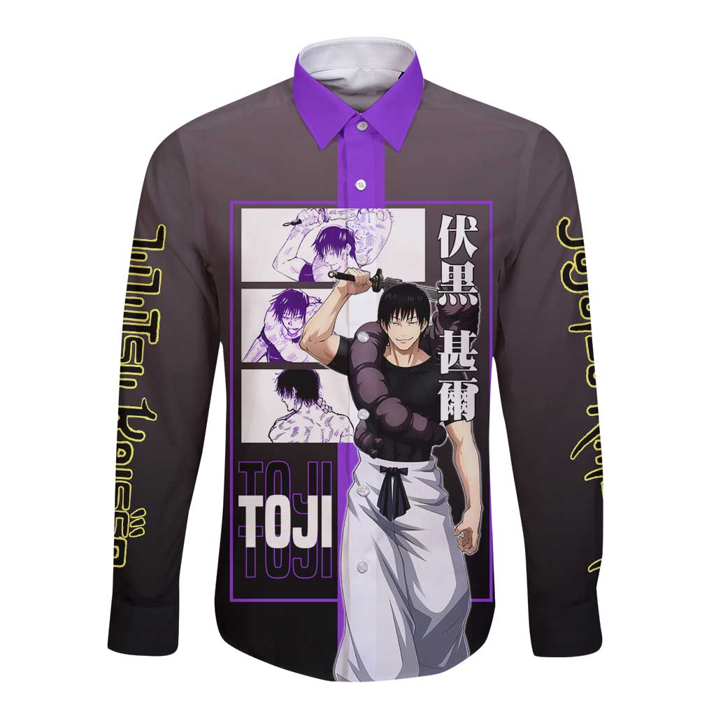 Fushiguro Toji from Jujutsu Kaisen Long Sleeve Button Shirt with Purple and Black Background and Multiple Poses Design - The Mazicc