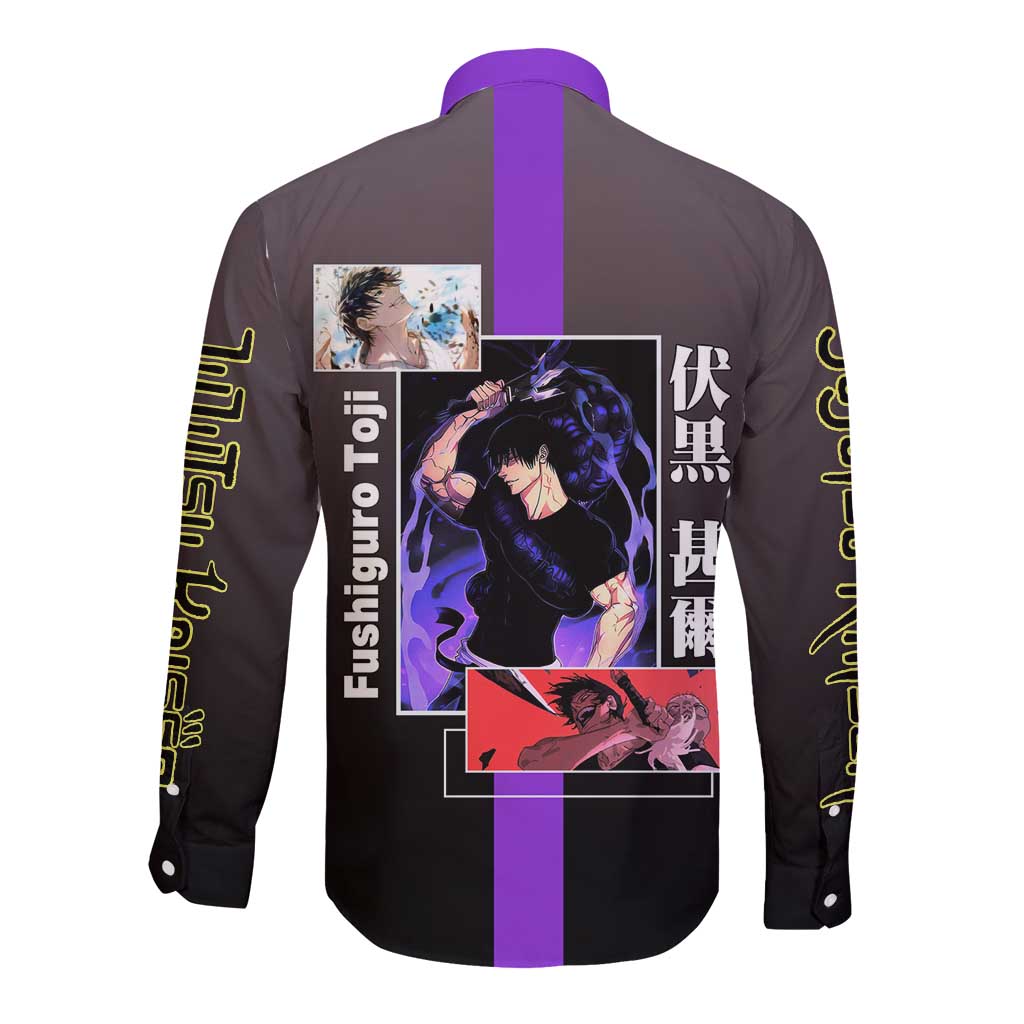 Fushiguro Toji from Jujutsu Kaisen Long Sleeve Button Shirt with Purple and Black Background and Multiple Poses Design - The Mazicc