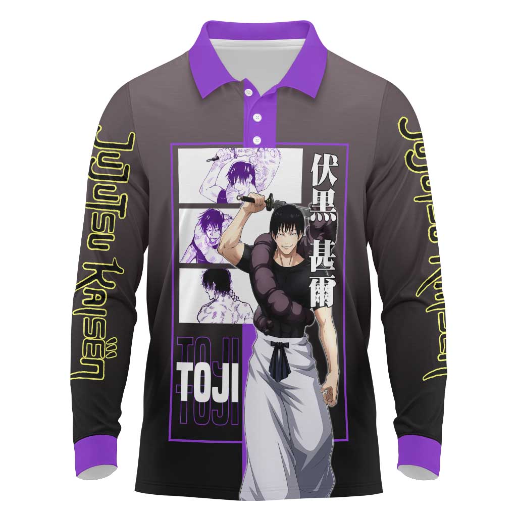Fushiguro Toji from Jujutsu Kaisen Long Sleeve Polo Shirt with Purple and Black Background and Multiple Poses Design - The Mazicc
