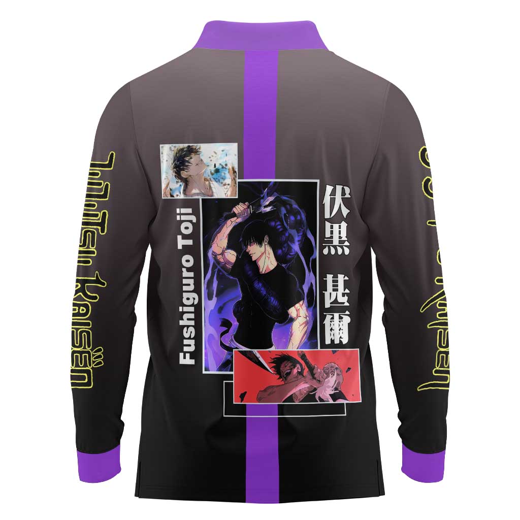 Fushiguro Toji from Jujutsu Kaisen Long Sleeve Polo Shirt with Purple and Black Background and Multiple Poses Design - The Mazicc