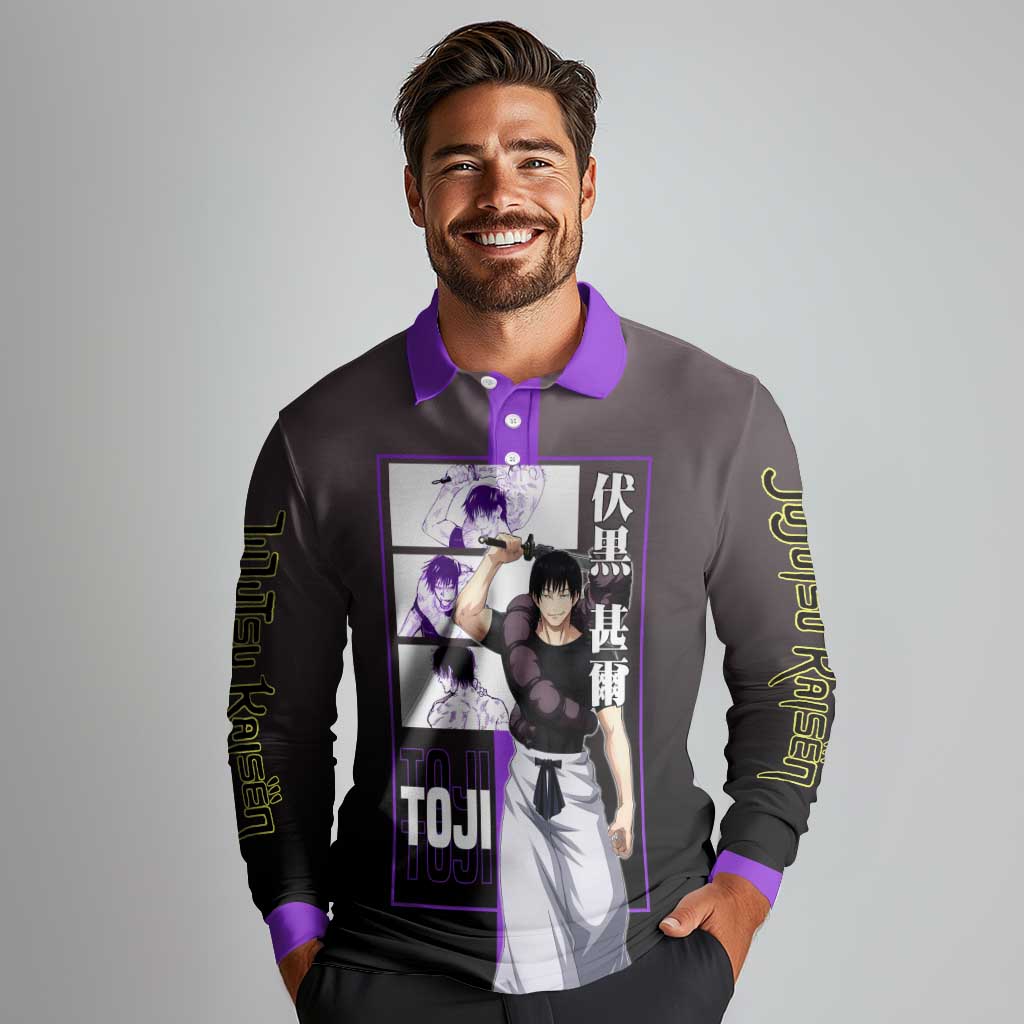 Fushiguro Toji from Jujutsu Kaisen Long Sleeve Polo Shirt with Purple and Black Background and Multiple Poses Design - The Mazicc