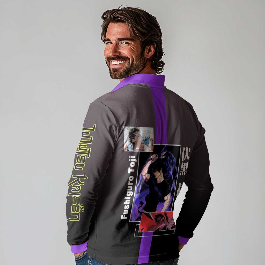 Fushiguro Toji from Jujutsu Kaisen Long Sleeve Polo Shirt with Purple and Black Background and Multiple Poses Design - The Mazicc