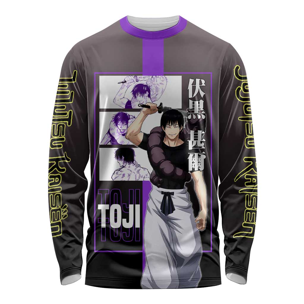 Fushiguro Toji from Jujutsu Kaisen Long Sleeve Shirt with Purple and Black Background and Multiple Poses Design - The Mazicc