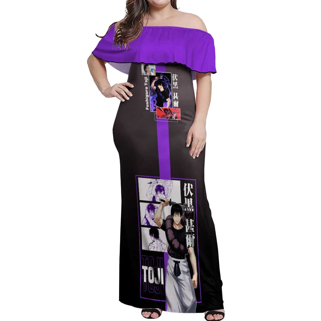 Fushiguro Toji from Jujutsu Kaisen Off Shoulder Maxi Dress with Purple and Black Background and Multiple Poses Design - The Mazicc