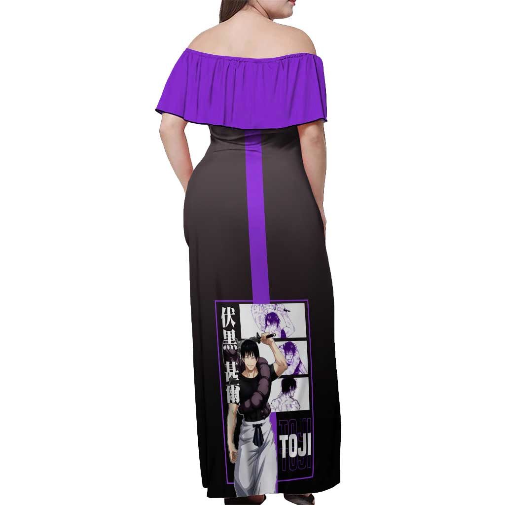 Fushiguro Toji from Jujutsu Kaisen Off Shoulder Maxi Dress with Purple and Black Background and Multiple Poses Design - The Mazicc