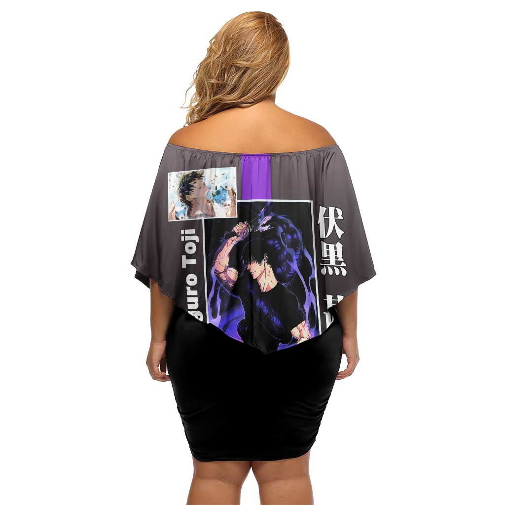Fushiguro Toji from Jujutsu Kaisen Off Shoulder Short Dress with Purple and Black Background and Multiple Poses Design - The Mazicc