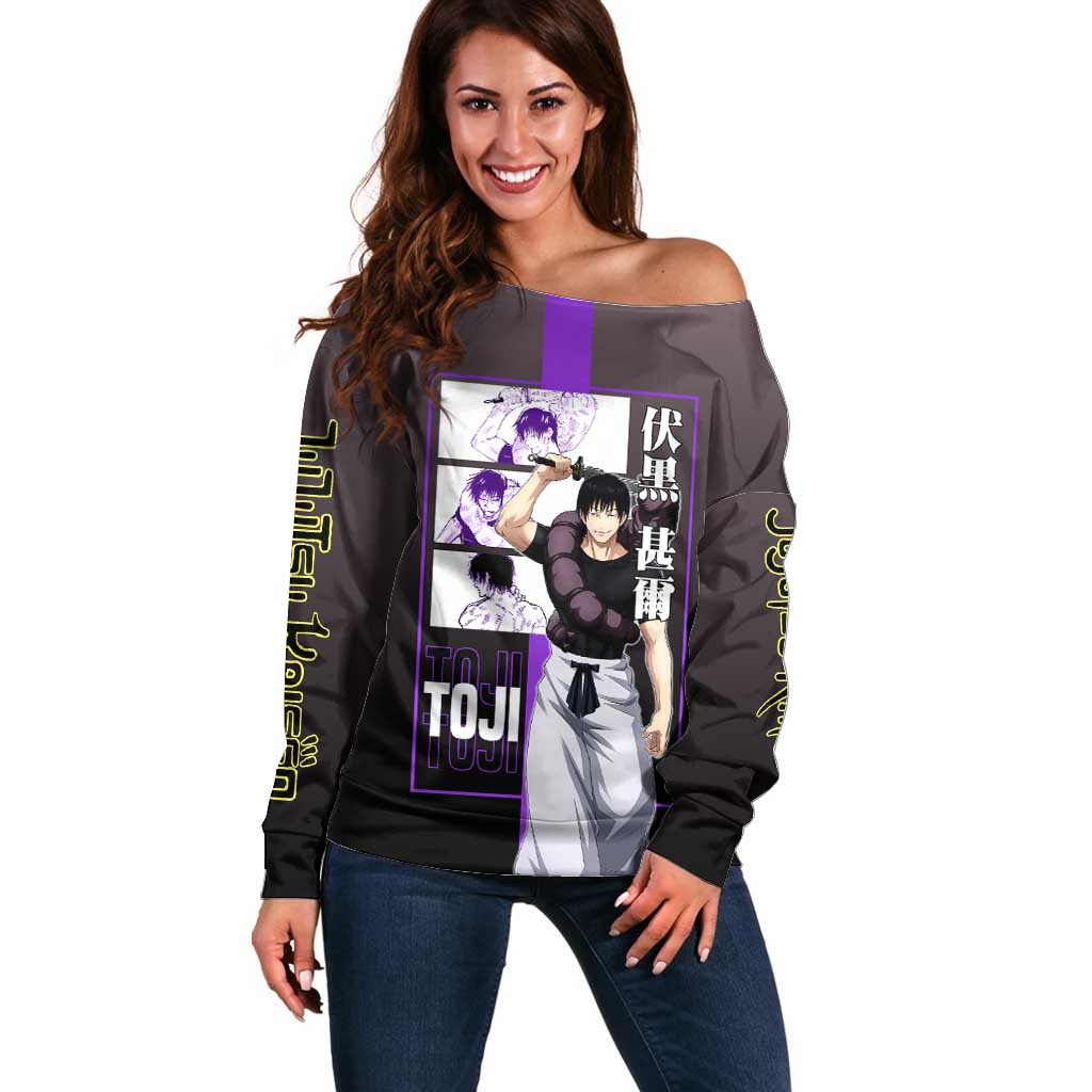 Fushiguro Toji from Jujutsu Kaisen Off Shoulder Sweater with Purple and Black Background and Multiple Poses Design - The Mazicc
