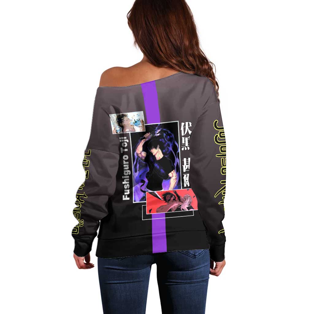 Fushiguro Toji from Jujutsu Kaisen Off Shoulder Sweater with Purple and Black Background and Multiple Poses Design - The Mazicc
