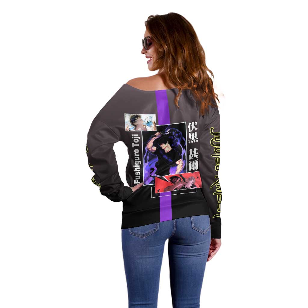 Fushiguro Toji from Jujutsu Kaisen Off Shoulder Sweater with Purple and Black Background and Multiple Poses Design - The Mazicc