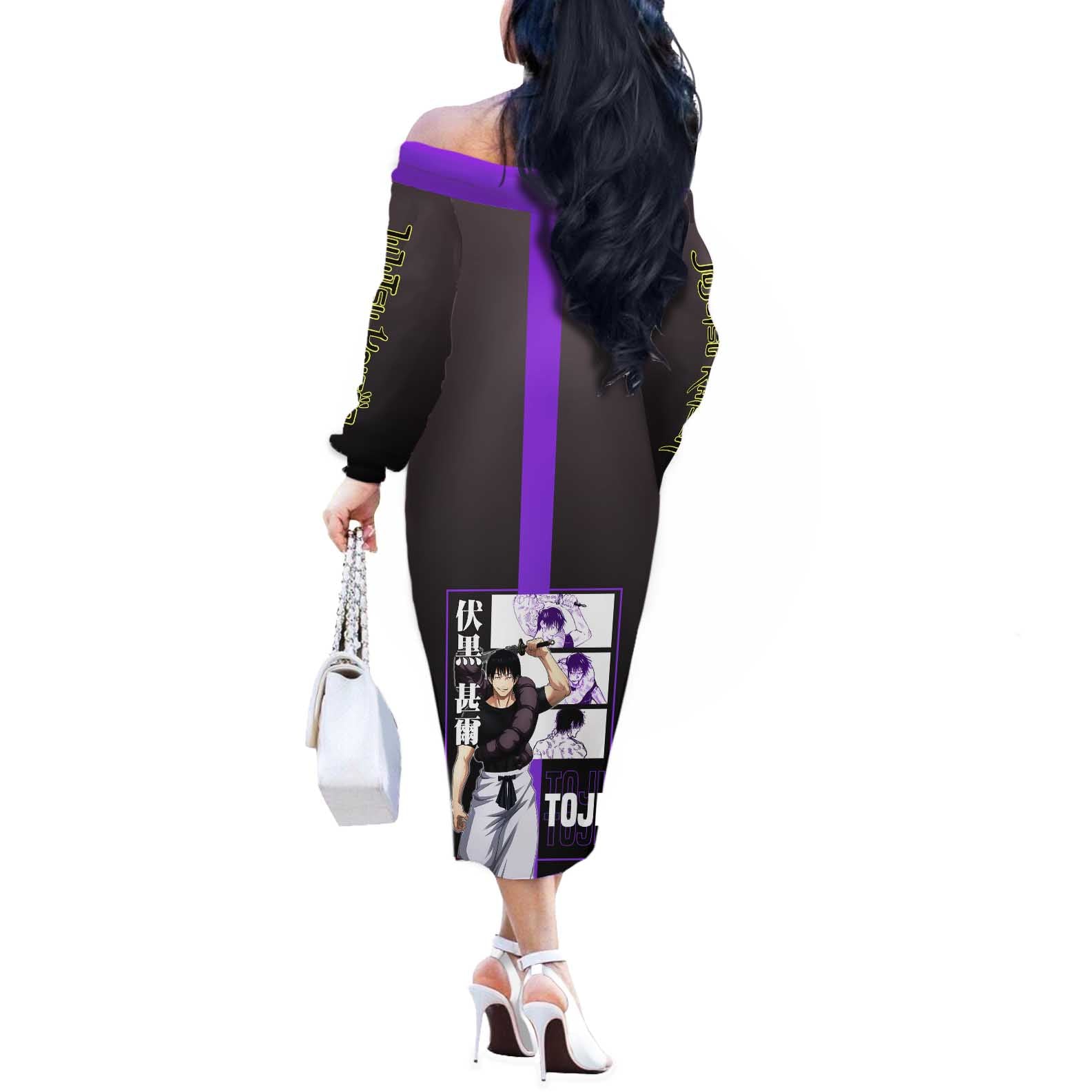 Fushiguro Toji from Jujutsu Kaisen Off The Shoulder Long Sleeve Dress with Purple and Black Background and Multiple Poses Design - The Mazicc
