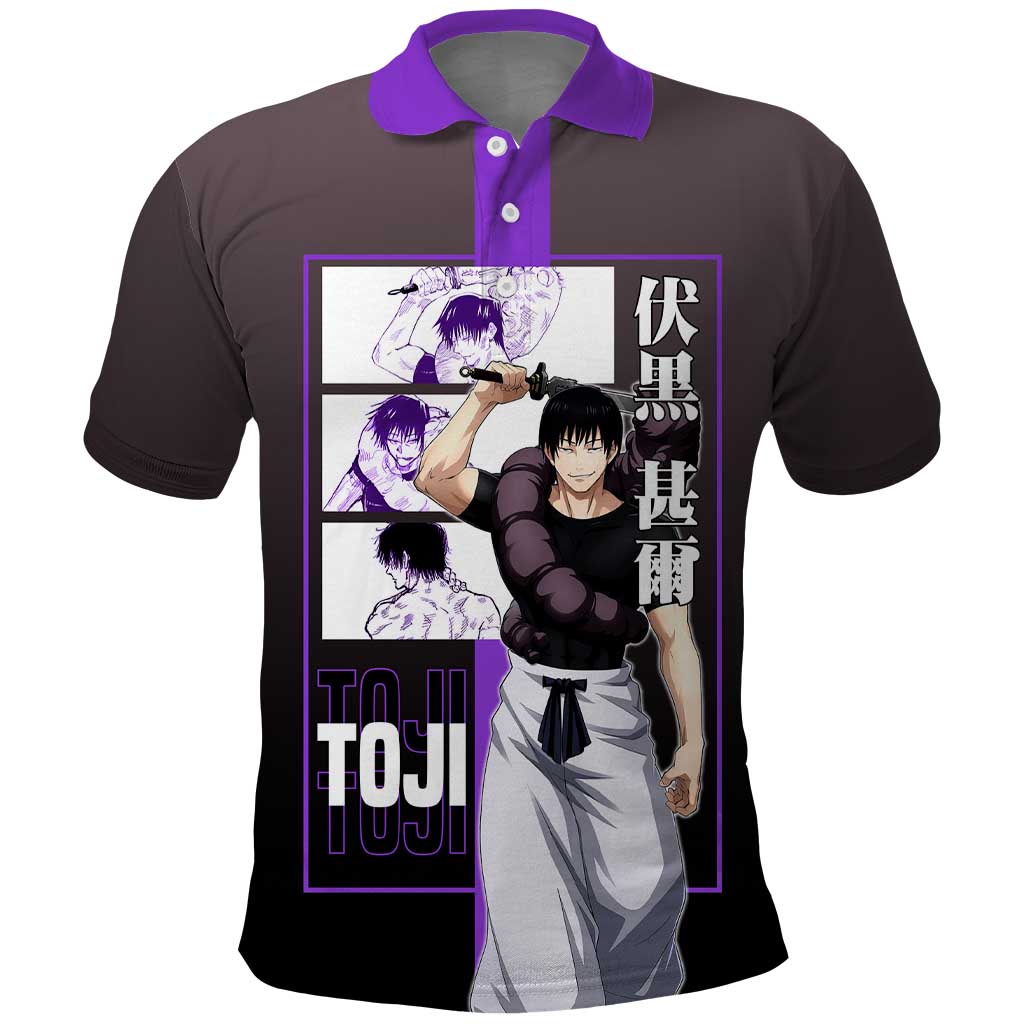 Fushiguro Toji from Jujutsu Kaisen Polo Shirt with Purple and Black Background and Multiple Poses Design - The Mazicc