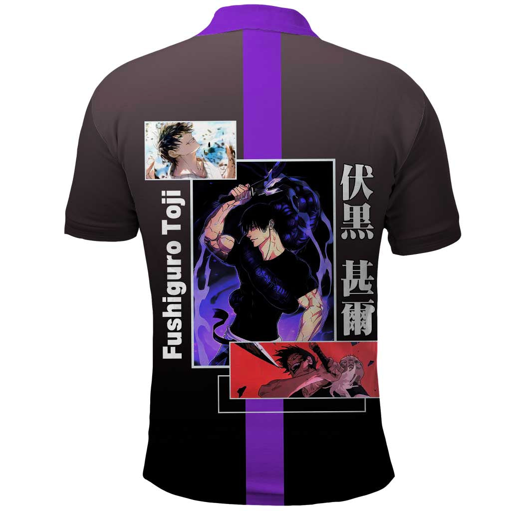 Fushiguro Toji from Jujutsu Kaisen Polo Shirt with Purple and Black Background and Multiple Poses Design - The Mazicc