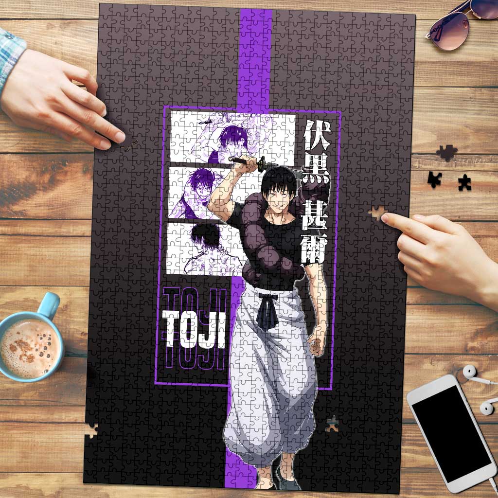Fushiguro Toji from Jujutsu Kaisen Puzzle with Purple and Black Background and Multiple Poses Design - The Mazicc