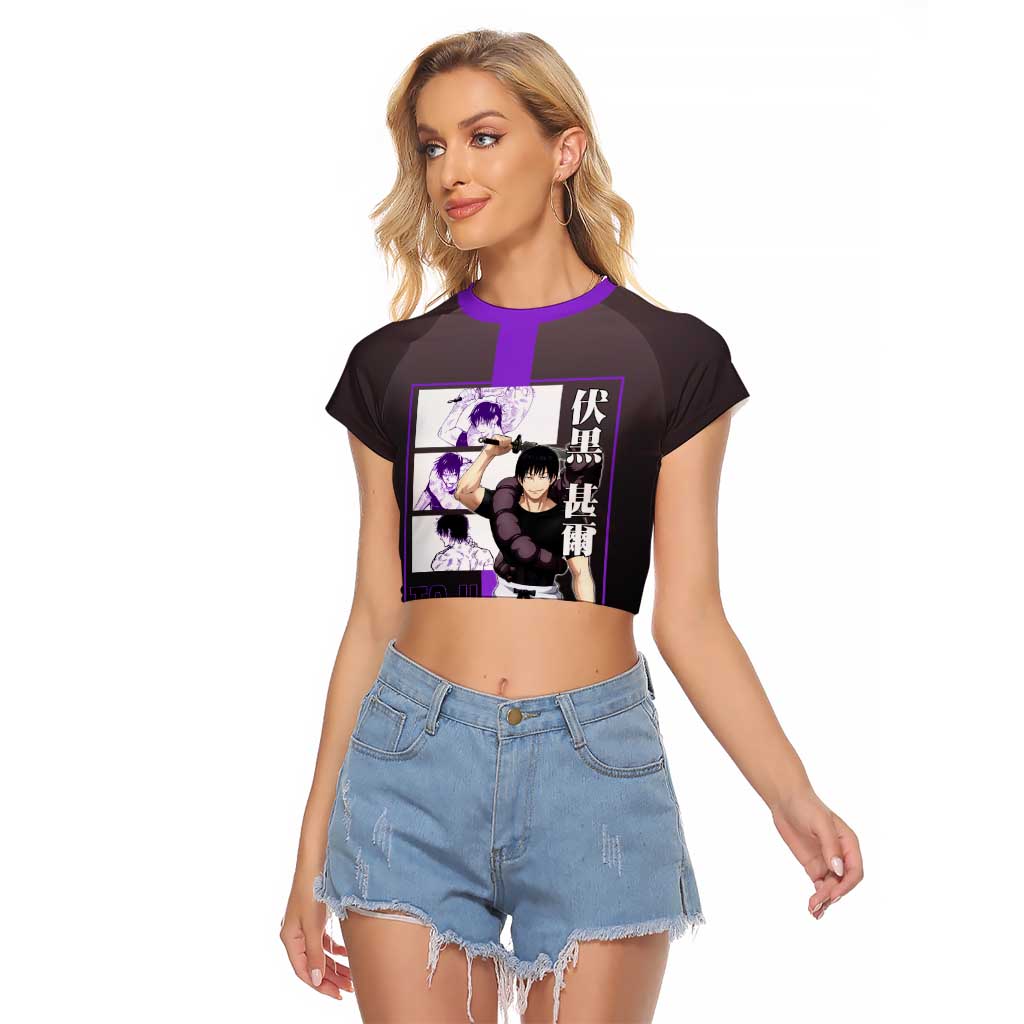 Fushiguro Toji from Jujutsu Kaisen Raglan Cropped T Shirt with Purple and Black Background and Multiple Poses Design - The Mazicc