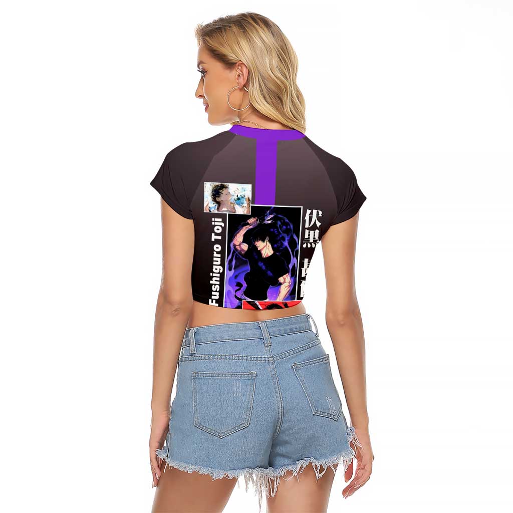 Fushiguro Toji from Jujutsu Kaisen Raglan Cropped T Shirt with Purple and Black Background and Multiple Poses Design - The Mazicc