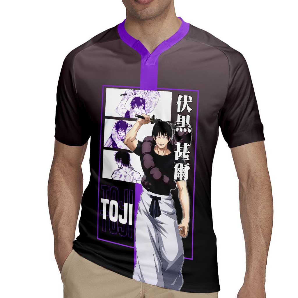 Fushiguro Toji from Jujutsu Kaisen Rugby Jersey with Purple and Black Background and Multiple Poses Design - The Mazicc