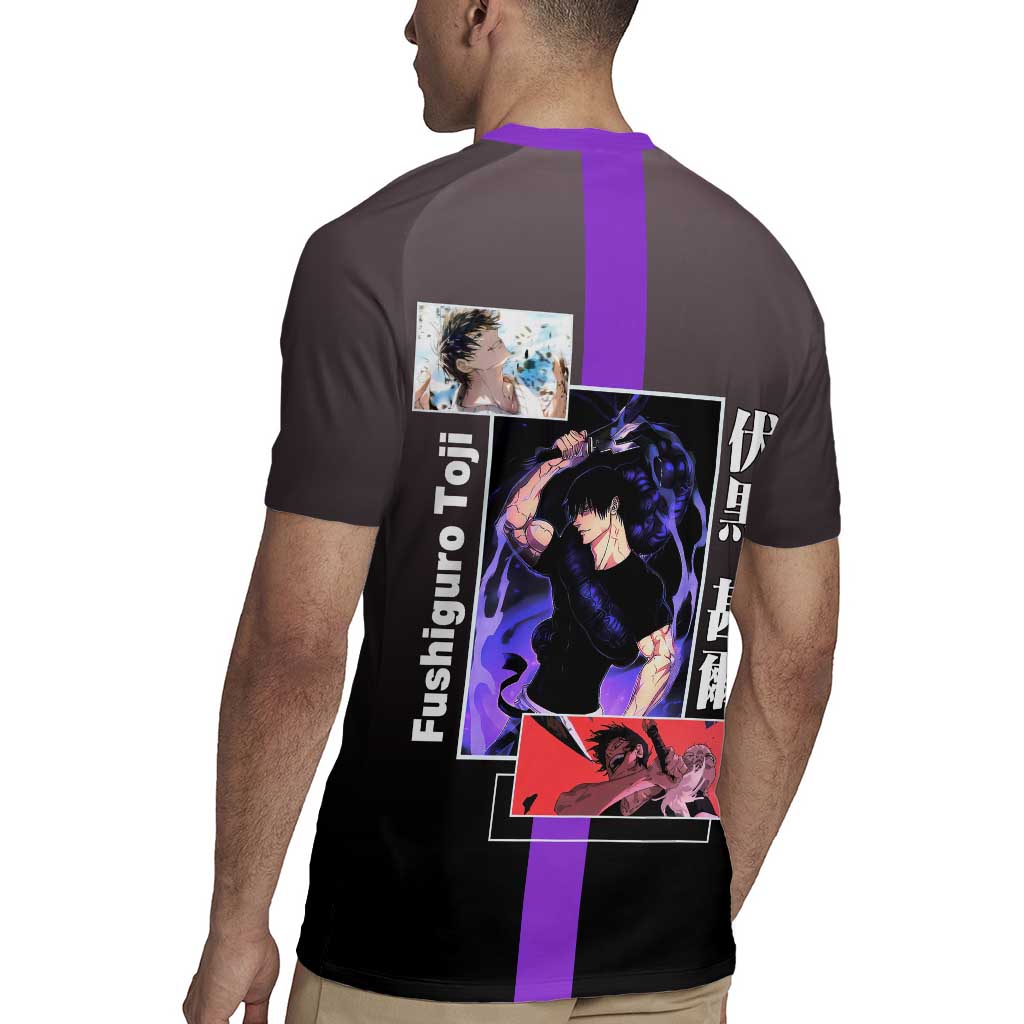 Fushiguro Toji from Jujutsu Kaisen Rugby Jersey with Purple and Black Background and Multiple Poses Design - The Mazicc