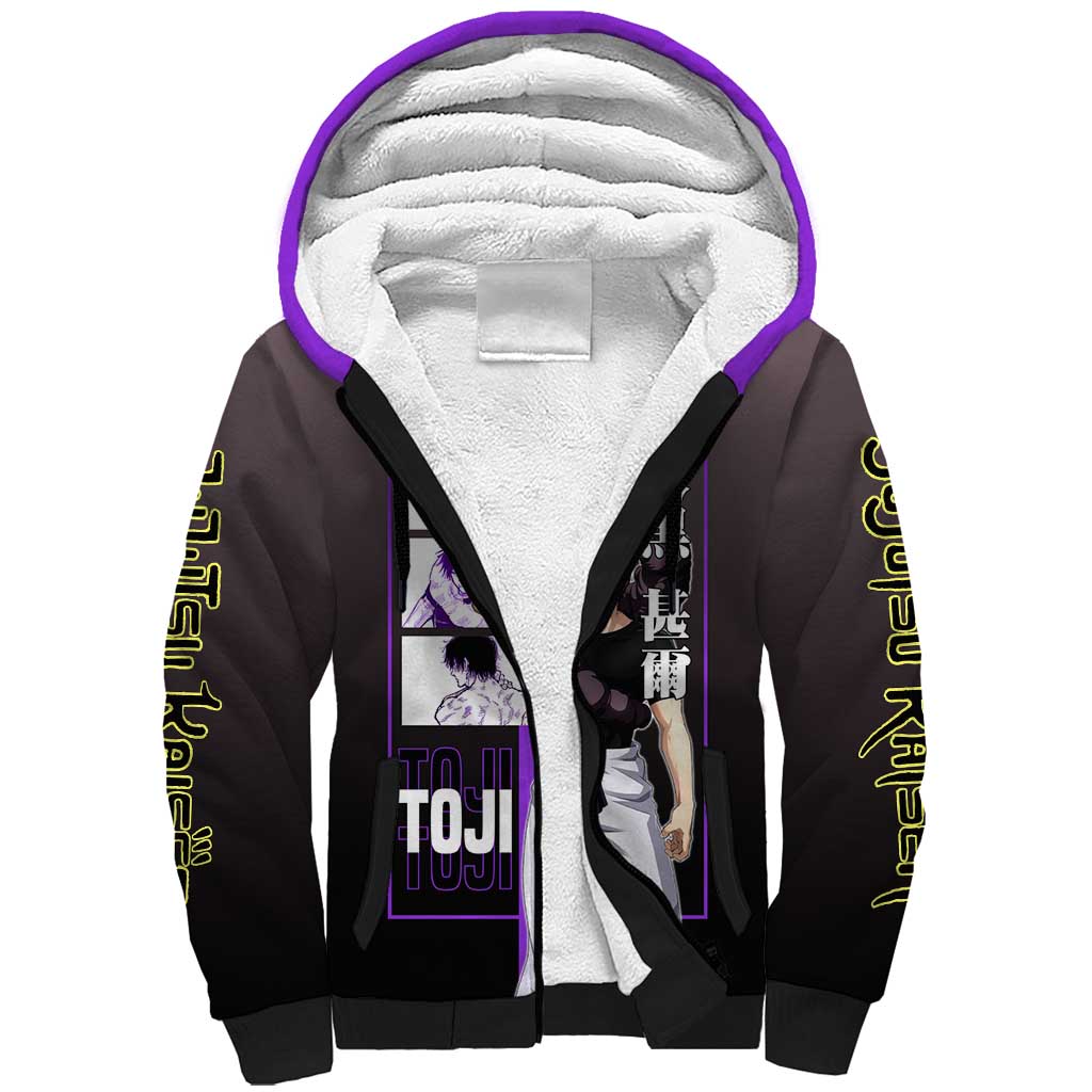 Fushiguro Toji from Jujutsu Kaisen Sherpa Hoodie with Purple and Black Background and Multiple Poses Design - The Mazicc