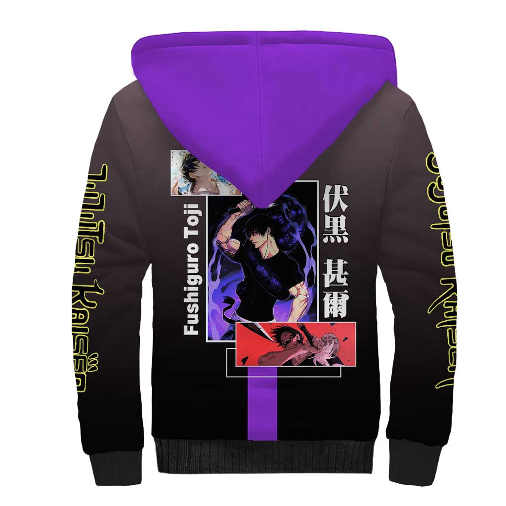 Fushiguro Toji from Jujutsu Kaisen Sherpa Hoodie with Purple and Black Background and Multiple Poses Design - The Mazicc