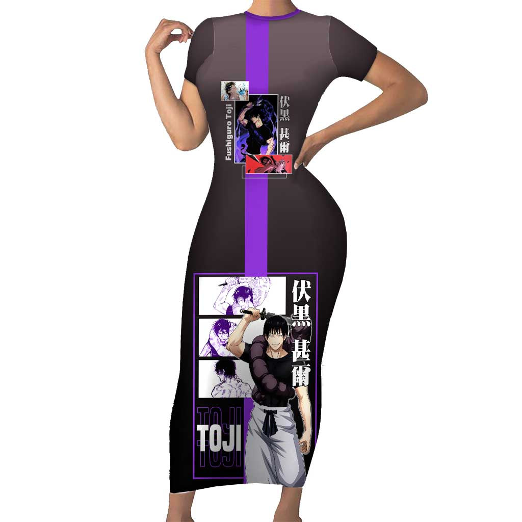 Fushiguro Toji from Jujutsu Kaisen Short Sleeve Bodycon Dress with Purple and Black Background and Multiple Poses Design - The Mazicc