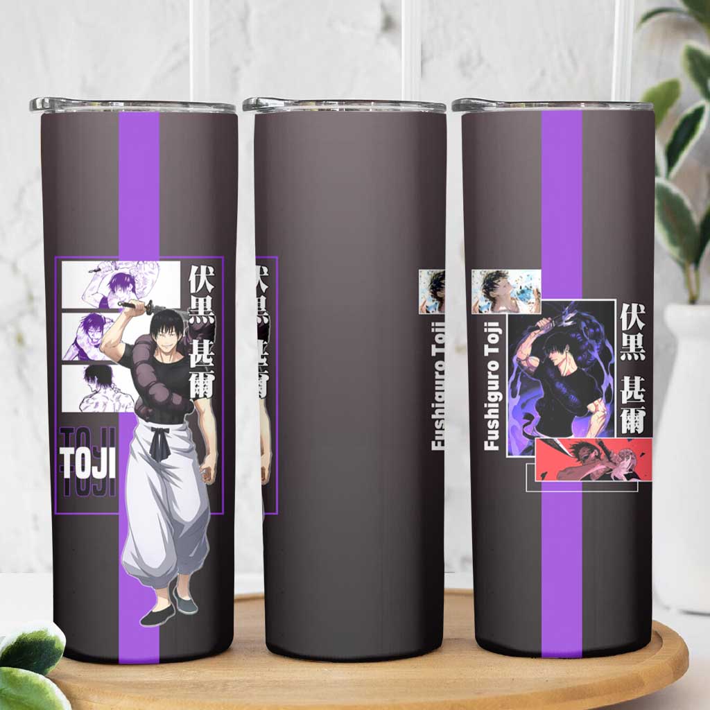 Fushiguro Toji from Jujutsu Kaisen Skinny Tumbler with Purple and Black Background and Multiple Poses Design - The Mazicc