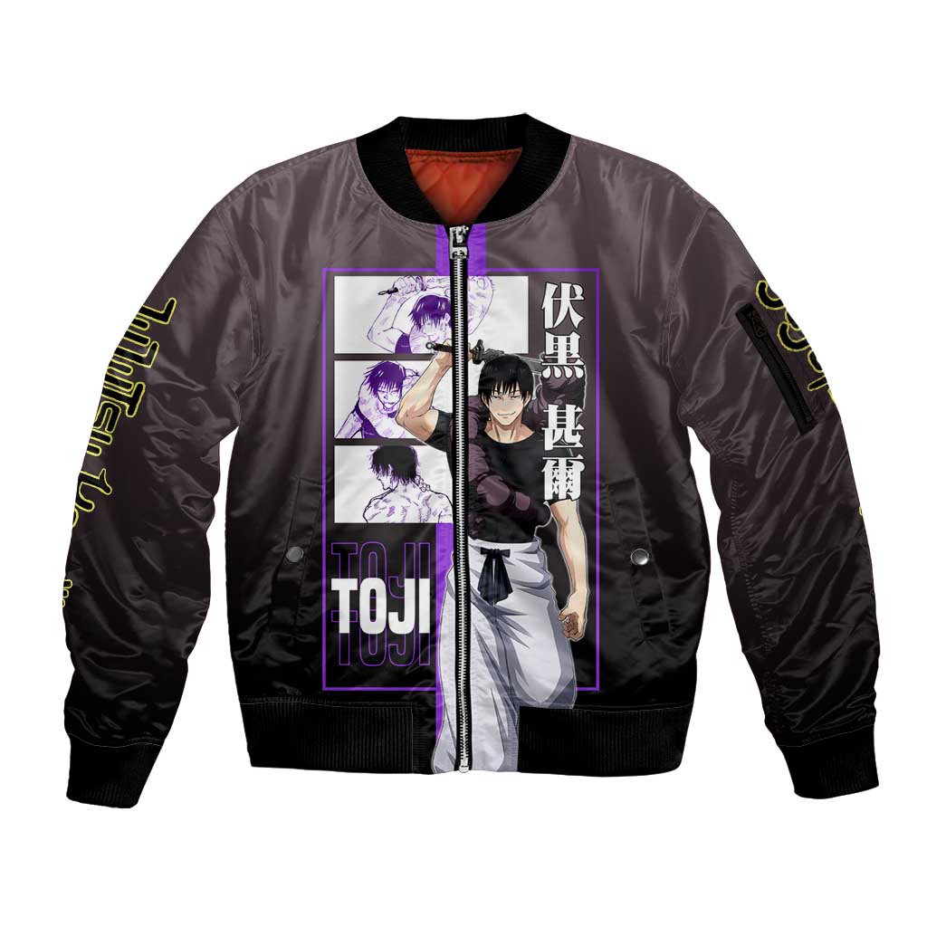 Fushiguro Toji from Jujutsu Kaisen Sleeve Zip Bomber Jacket with Purple and Black Background and Multiple Poses Design - The Mazicc