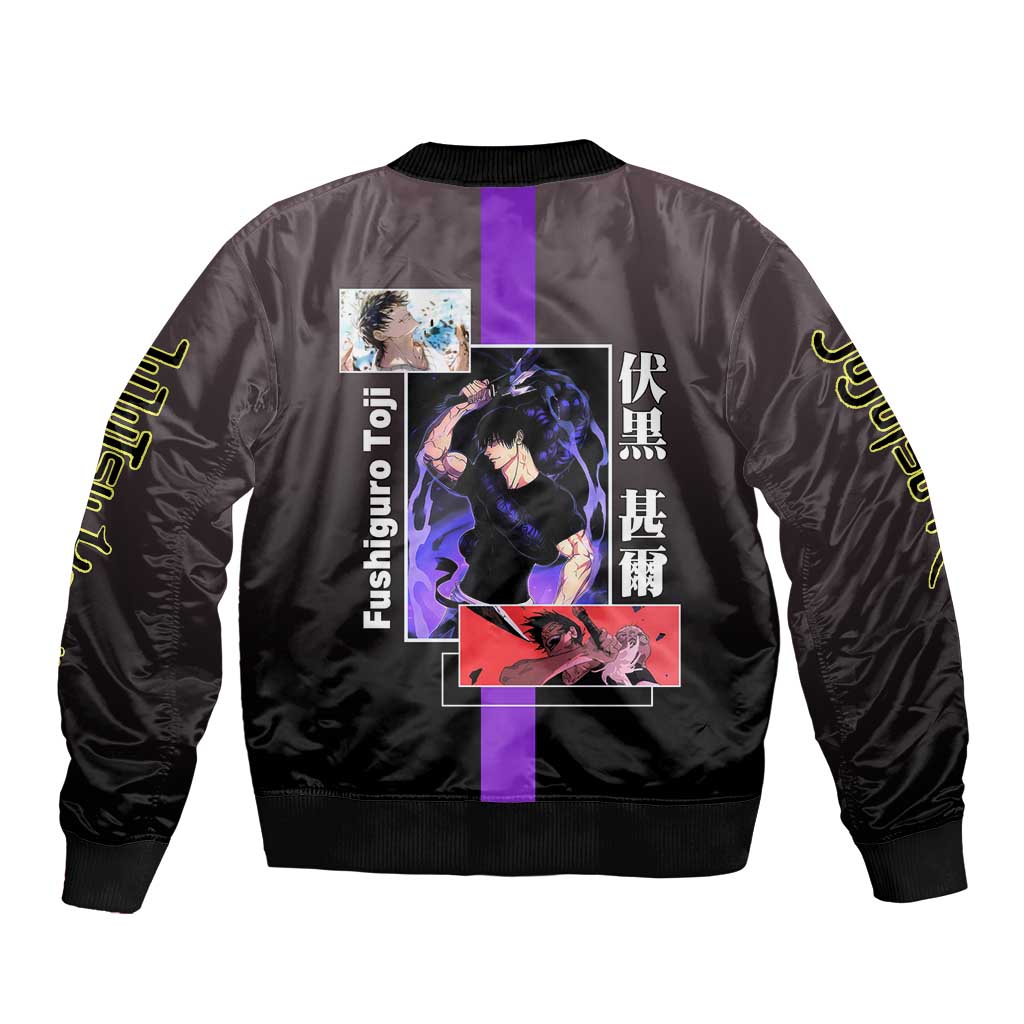 Fushiguro Toji from Jujutsu Kaisen Sleeve Zip Bomber Jacket with Purple and Black Background and Multiple Poses Design - The Mazicc