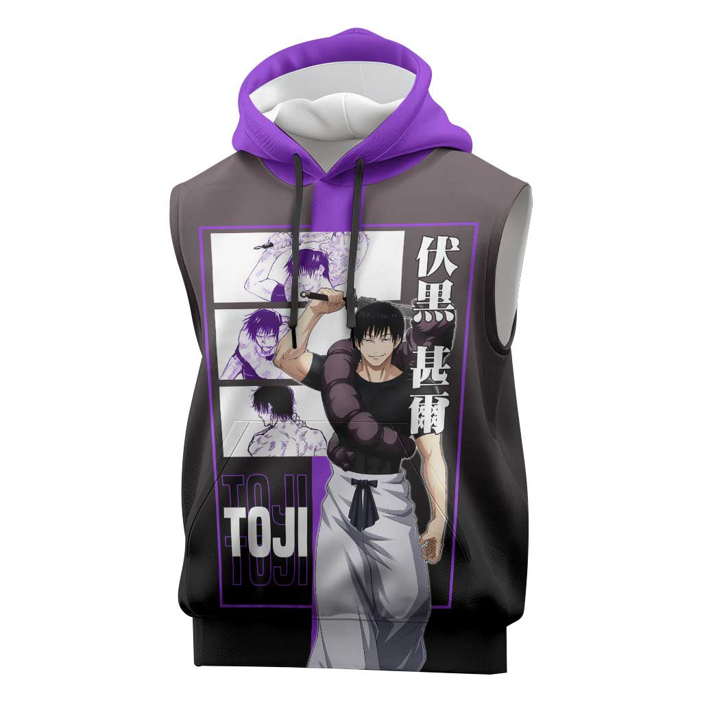 Fushiguro Toji from Jujutsu Kaisen Sleeveless Hoodie with Purple and Black Background and Multiple Poses Design - The Mazicc