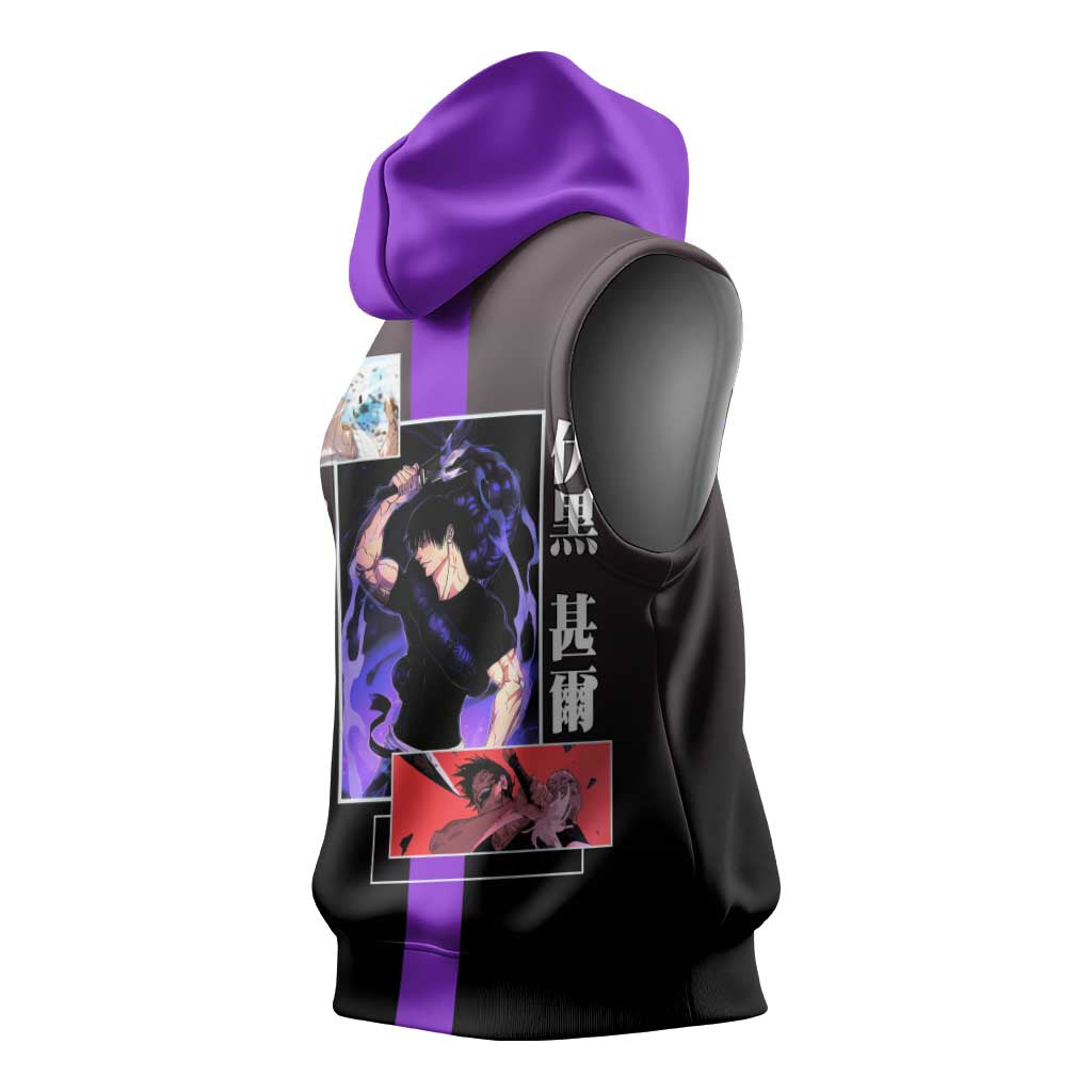 Fushiguro Toji from Jujutsu Kaisen Sleeveless Hoodie with Purple and Black Background and Multiple Poses Design - The Mazicc