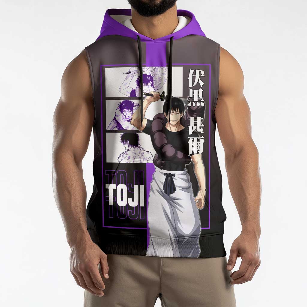 Fushiguro Toji from Jujutsu Kaisen Sleeveless Hoodie with Purple and Black Background and Multiple Poses Design - The Mazicc