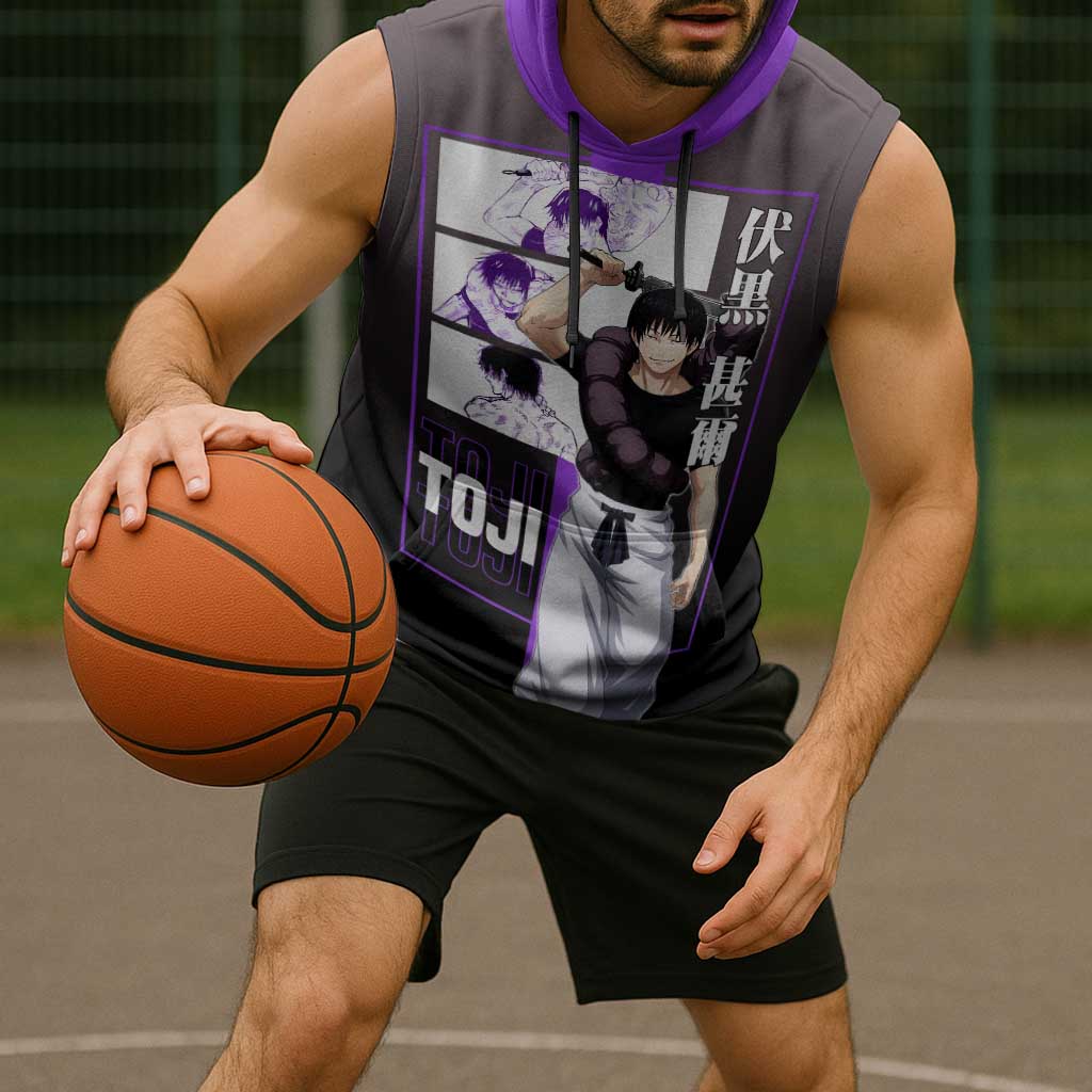 Fushiguro Toji from Jujutsu Kaisen Sleeveless Hoodie with Purple and Black Background and Multiple Poses Design - The Mazicc