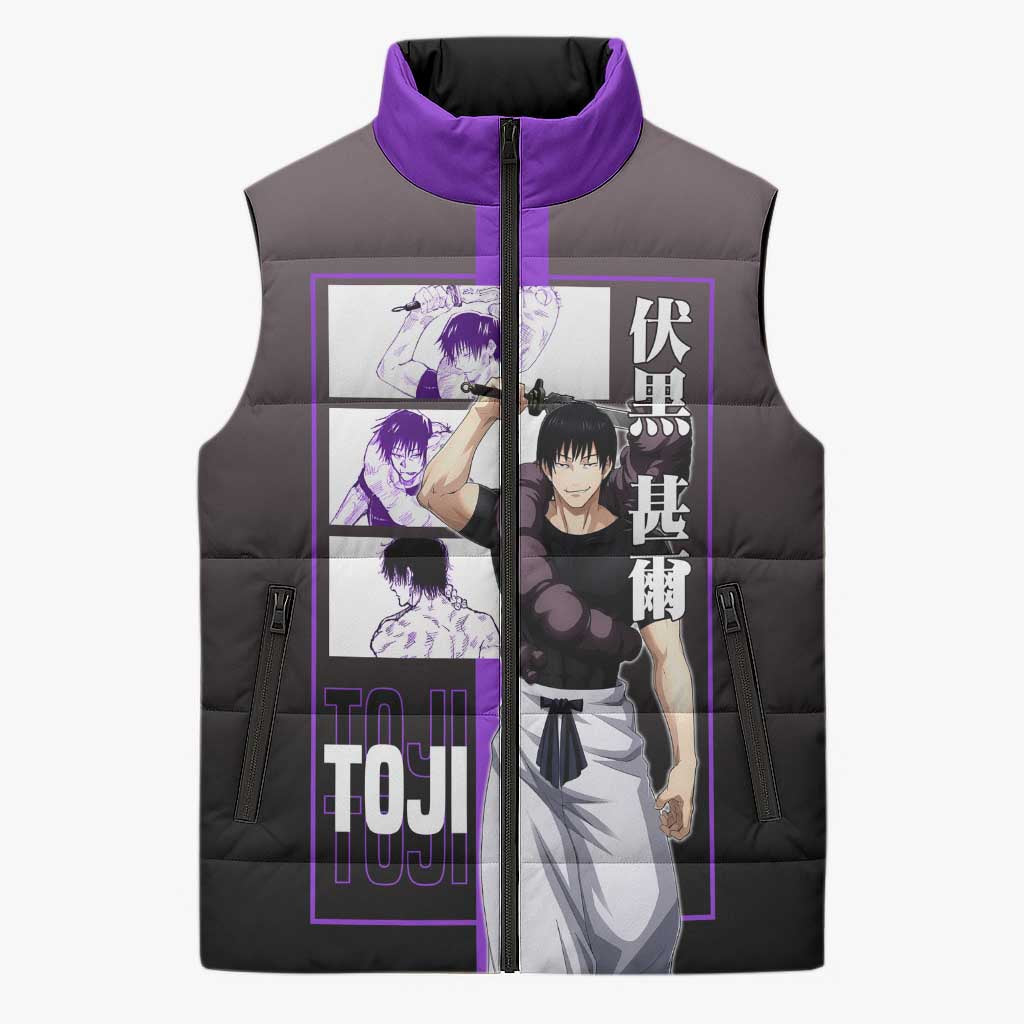 Fushiguro Toji from Jujutsu Kaisen Sleeveless Puffer Jacket with Purple and Black Background and Multiple Poses Design - The Mazicc