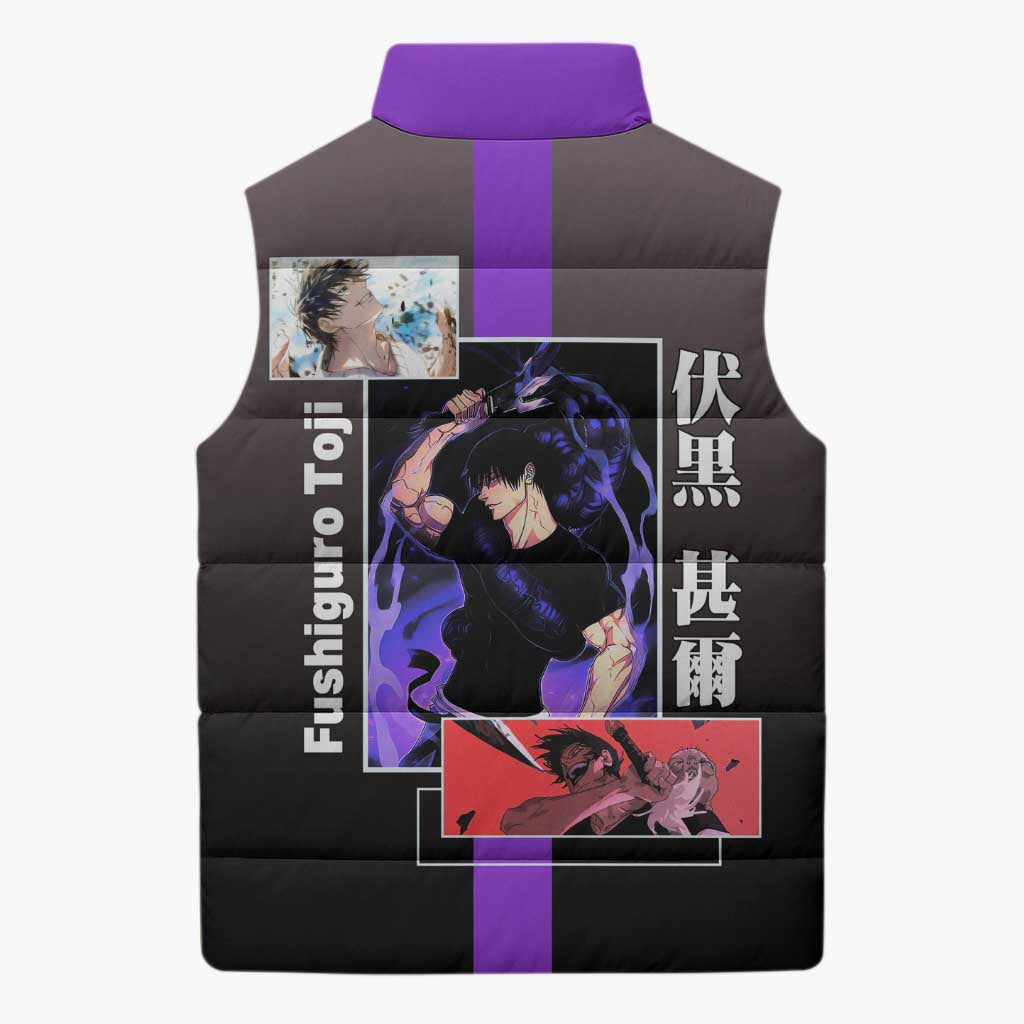 Fushiguro Toji from Jujutsu Kaisen Sleeveless Puffer Jacket with Purple and Black Background and Multiple Poses Design - The Mazicc