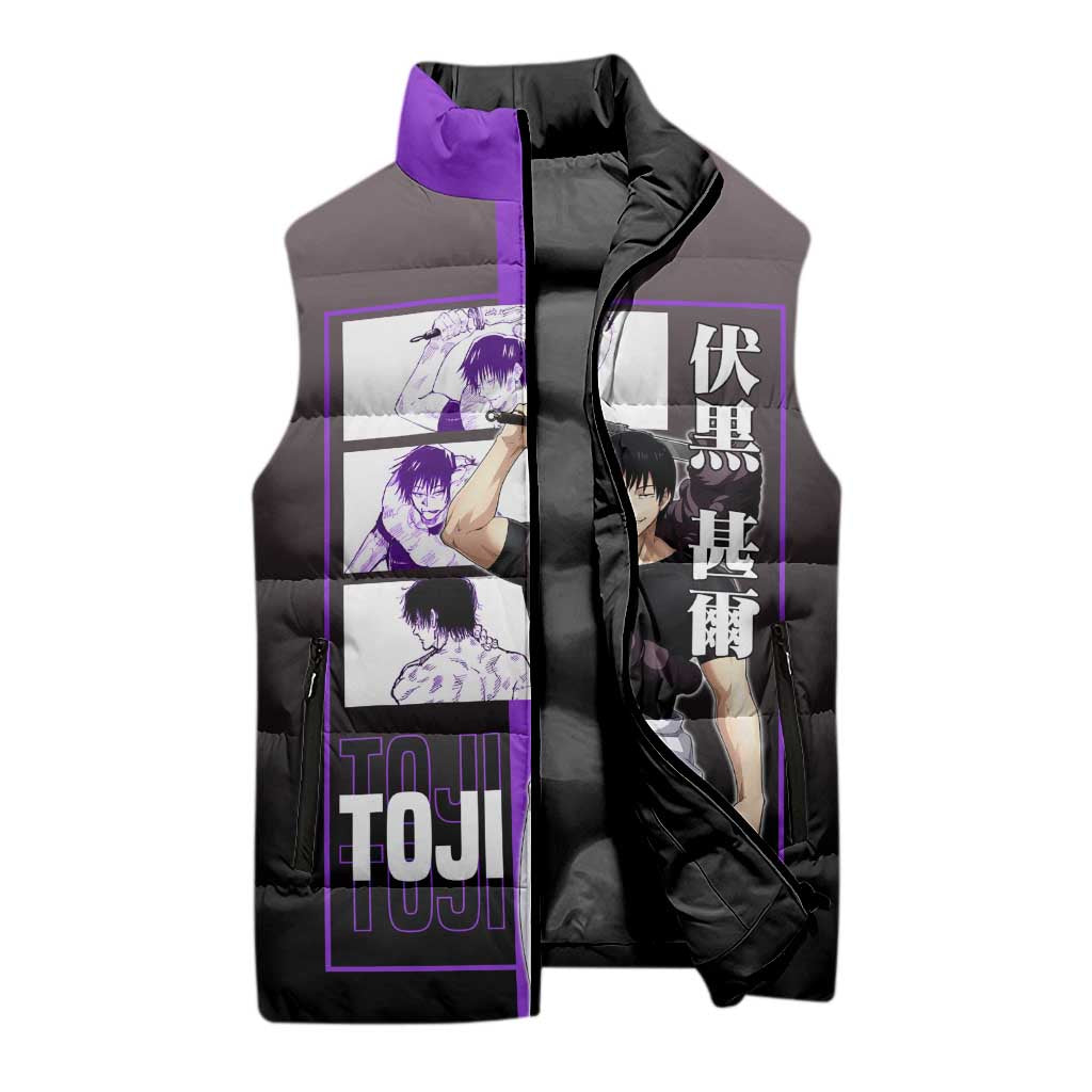 Fushiguro Toji from Jujutsu Kaisen Sleeveless Puffer Jacket with Purple and Black Background and Multiple Poses Design - The Mazicc