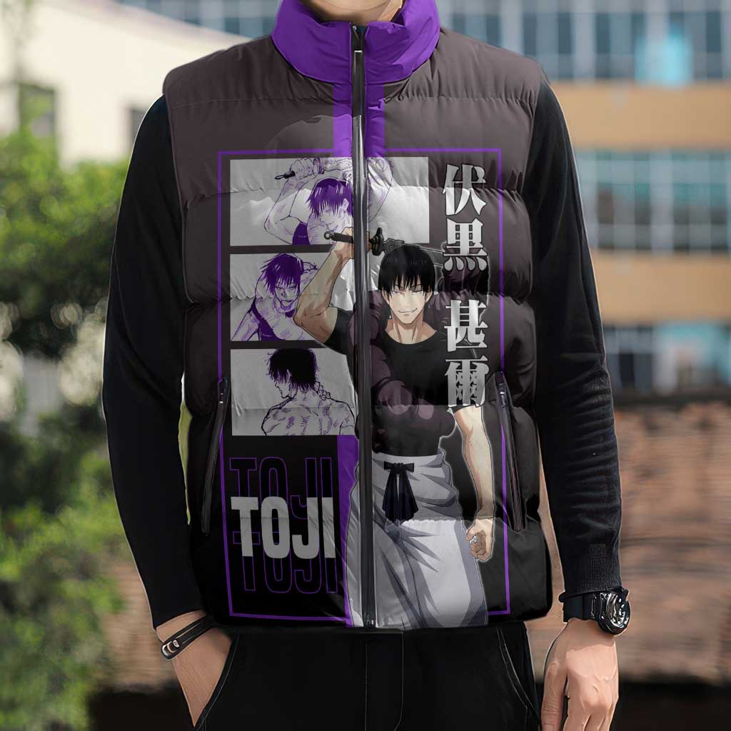 Fushiguro Toji from Jujutsu Kaisen Sleeveless Puffer Jacket with Purple and Black Background and Multiple Poses Design - The Mazicc