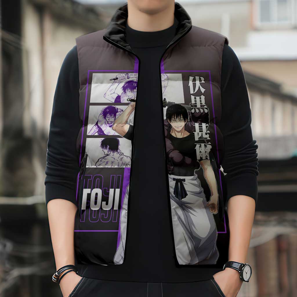 Fushiguro Toji from Jujutsu Kaisen Sleeveless Puffer Jacket with Purple and Black Background and Multiple Poses Design - The Mazicc