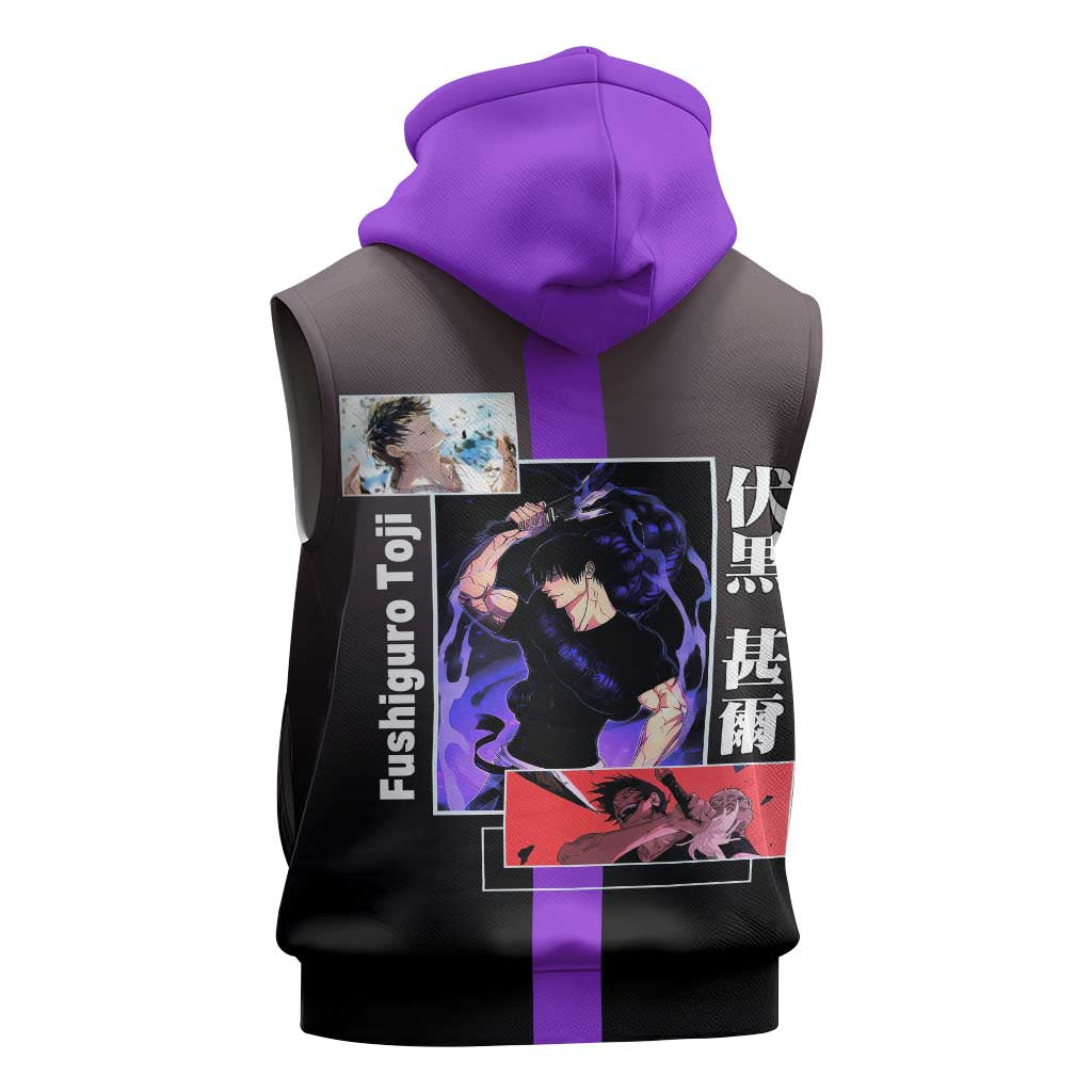 Fushiguro Toji from Jujutsu Kaisen Sleeveless Zip Hoodie with Purple and Black Background and Multiple Poses Design - The Mazicc