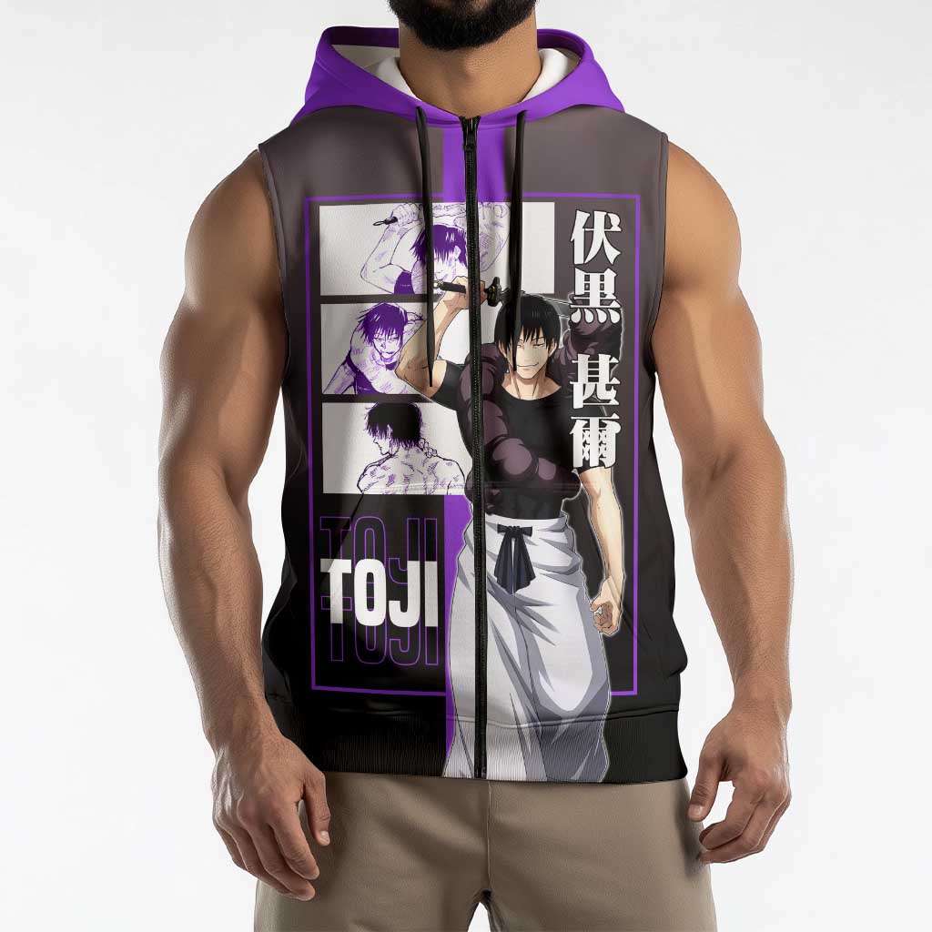 Fushiguro Toji from Jujutsu Kaisen Sleeveless Zip Hoodie with Purple and Black Background and Multiple Poses Design - The Mazicc