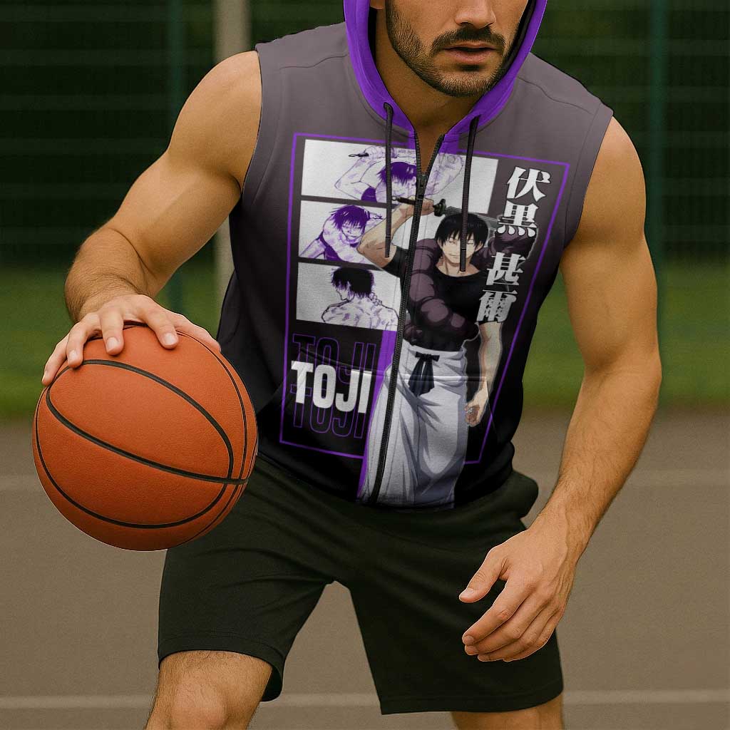 Fushiguro Toji from Jujutsu Kaisen Sleeveless Zip Hoodie with Purple and Black Background and Multiple Poses Design - The Mazicc