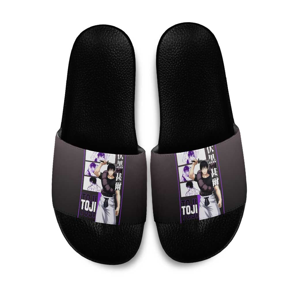 Fushiguro Toji from Jujutsu Kaisen Slide Sandals with Purple and Black Background and Multiple Poses Design - The Mazicc