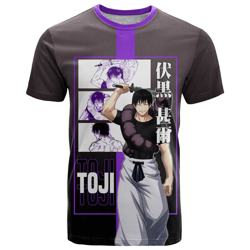 Fushiguro Toji from Jujutsu Kaisen T Shirt with Purple and Black Background and Multiple Poses Design - The Mazicc